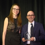 Jeremy R. Kriegel accepting the award for "Patent Prosecution Firm of the Year – Midwest” on behalf of the Firm, with Ellie Mertens, U.S. Editor for Managing Intellectual Property.